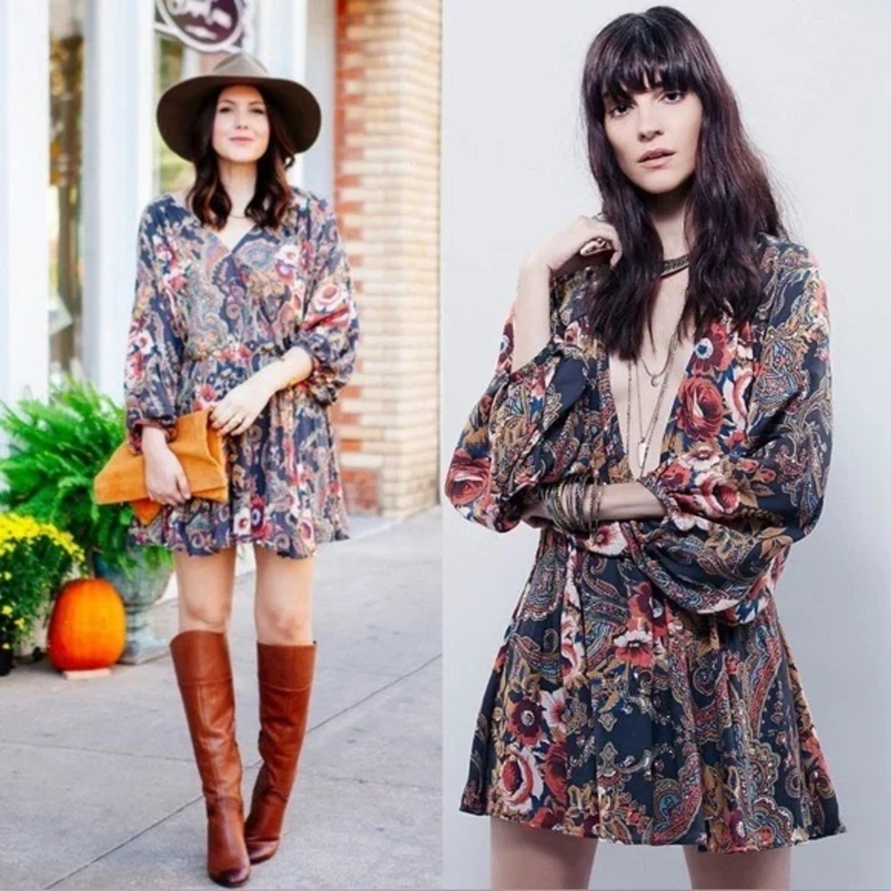 FREE PEOPLE High Plains Boho Mini Dress Black Paisley Floral Cottagecore Size XS